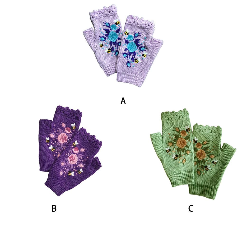 1 Pair Woman Embroidery Knitted Gloves Winter Autumn Skating Ski Riding Warm Thermal Crochet Flowers Mittens for Female