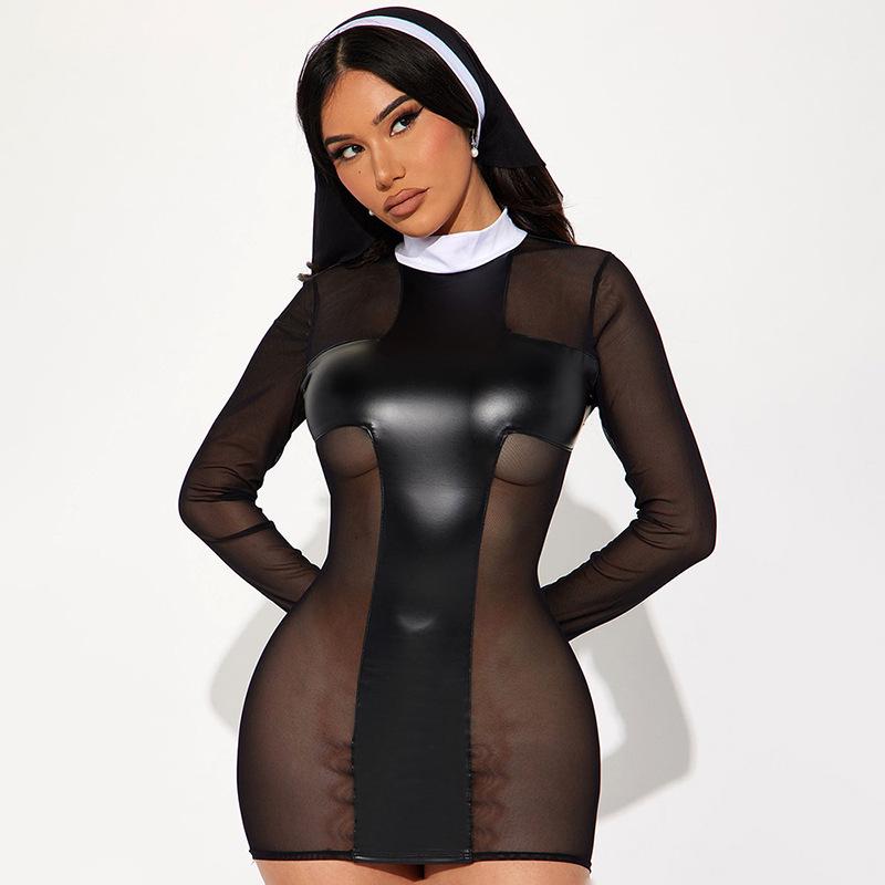 Autumn 2023 European & American Women's Mesh Spliced PU Leather Dress