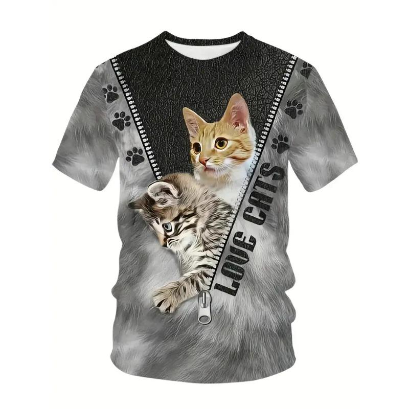 Novelty Beach Cat Beer Pattern Print T-shirt 3D Men Women Trend Personality Tops Oversized Short sleeve Crew Neck Streetwear Tee