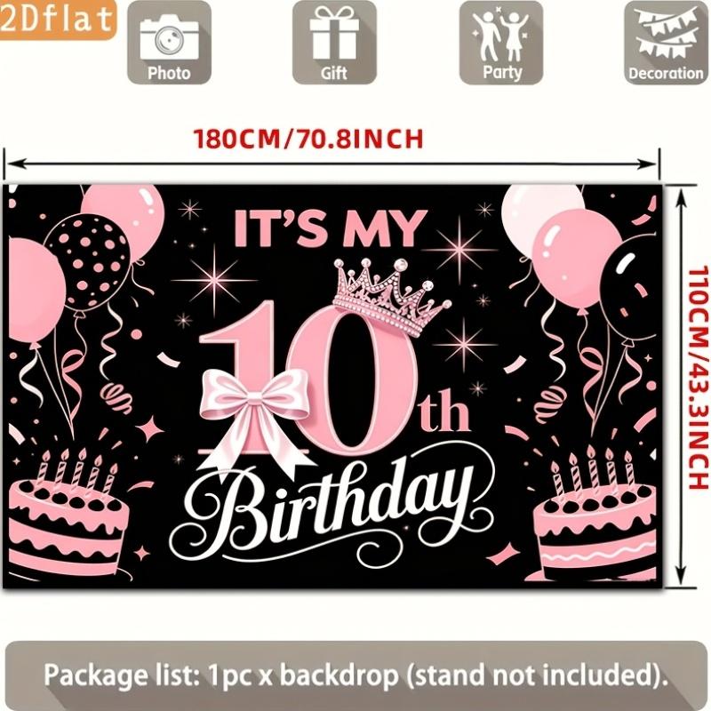 Send a banner 2D flat banner 1 piece polyester background black and pink. 10th birthday balloon cake crownzyc