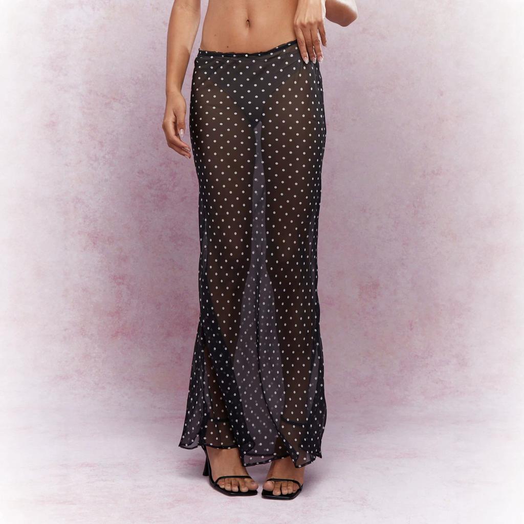 Women's High Waist Maxi Skirt Mermaid Skirt Polka Dot Sheer Mesh Split Long Skirt Sexy Streetwear Vacation Bottoms