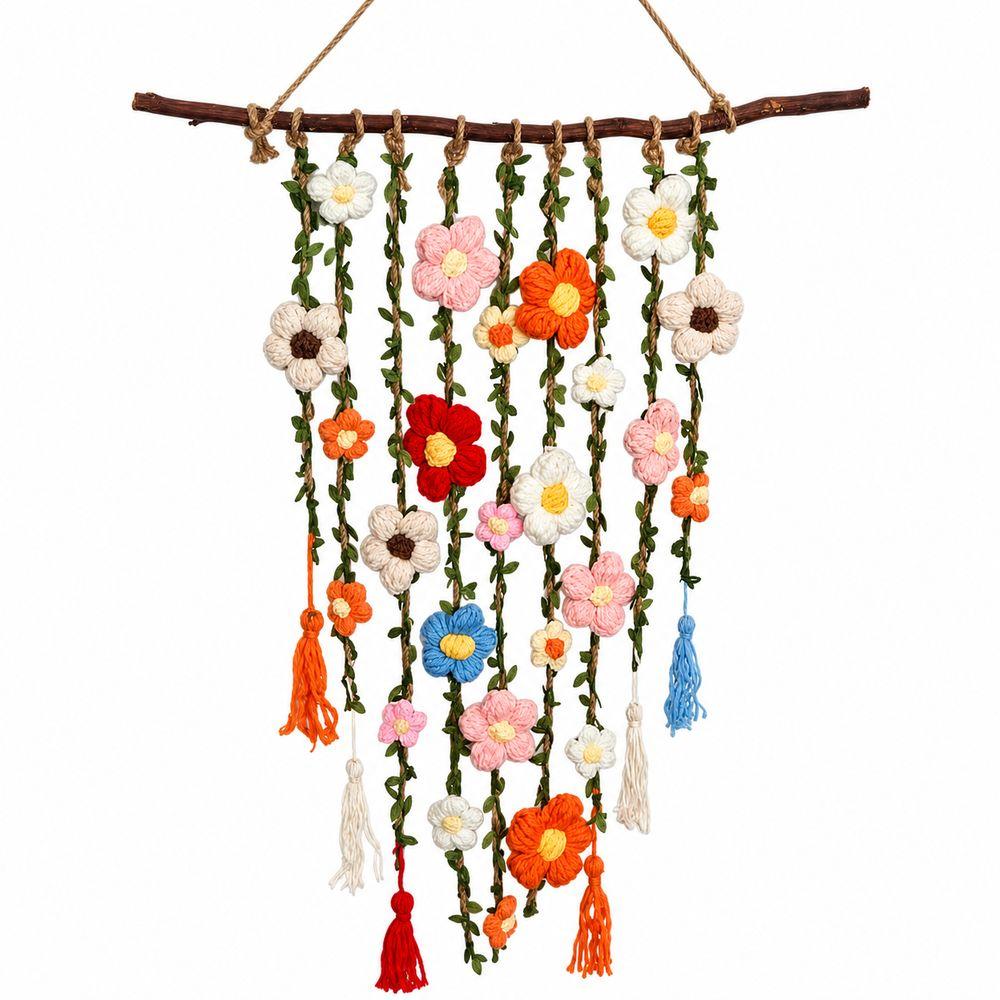 Wooden Branch Crochet Wall Hanging Yarn Floral Tapestry Macrame Wall Hanging  Living Room Decor