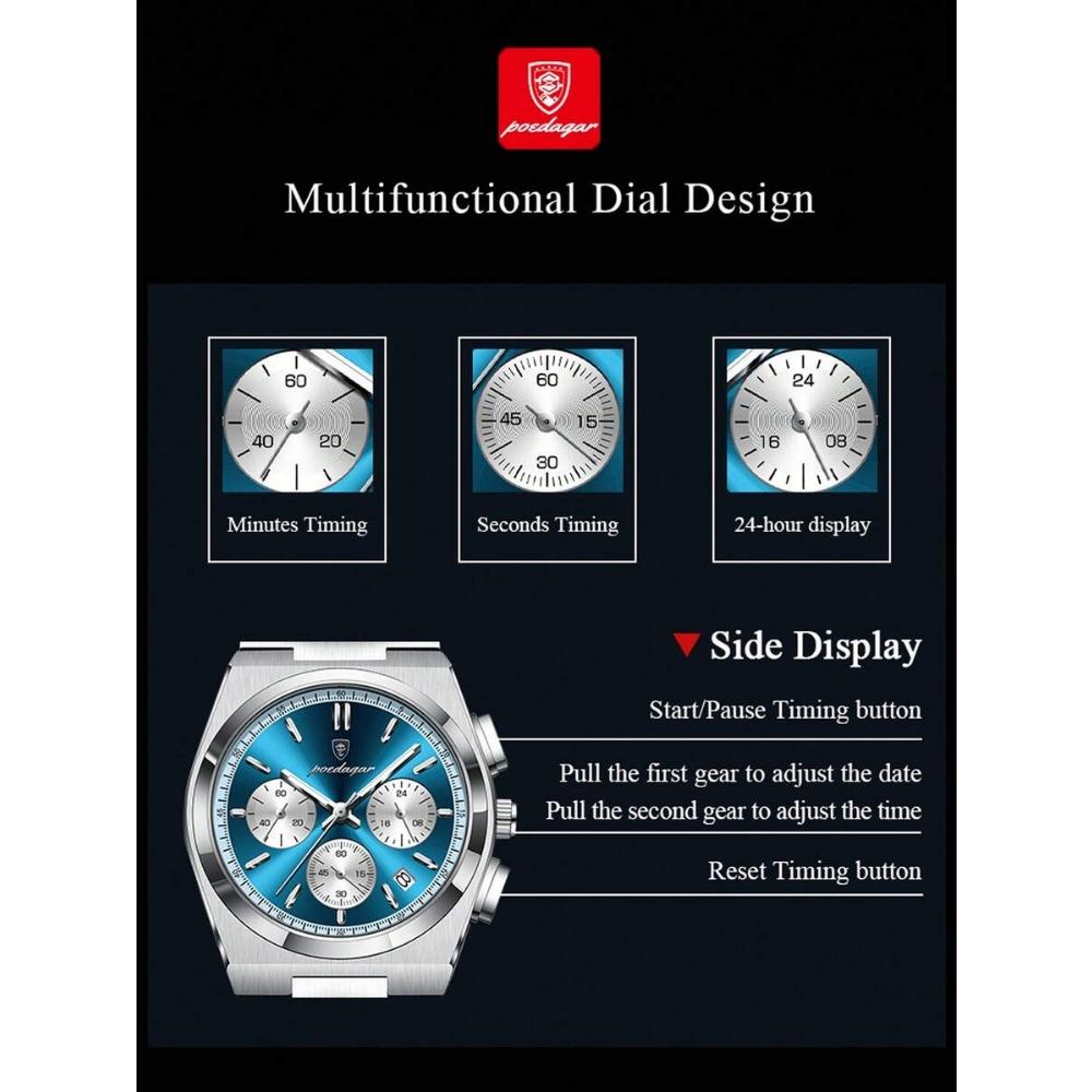 POEDAGAR 1pc Premium Men's Stainless Steel Quartz Calendar Chronograph Wristwatch, Business Waterproof Luminous Watch, Men's Gift