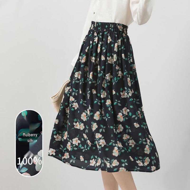 Snowforte Women s 100% Mulberry Silk Camellia Floral Print Midi Skirt F