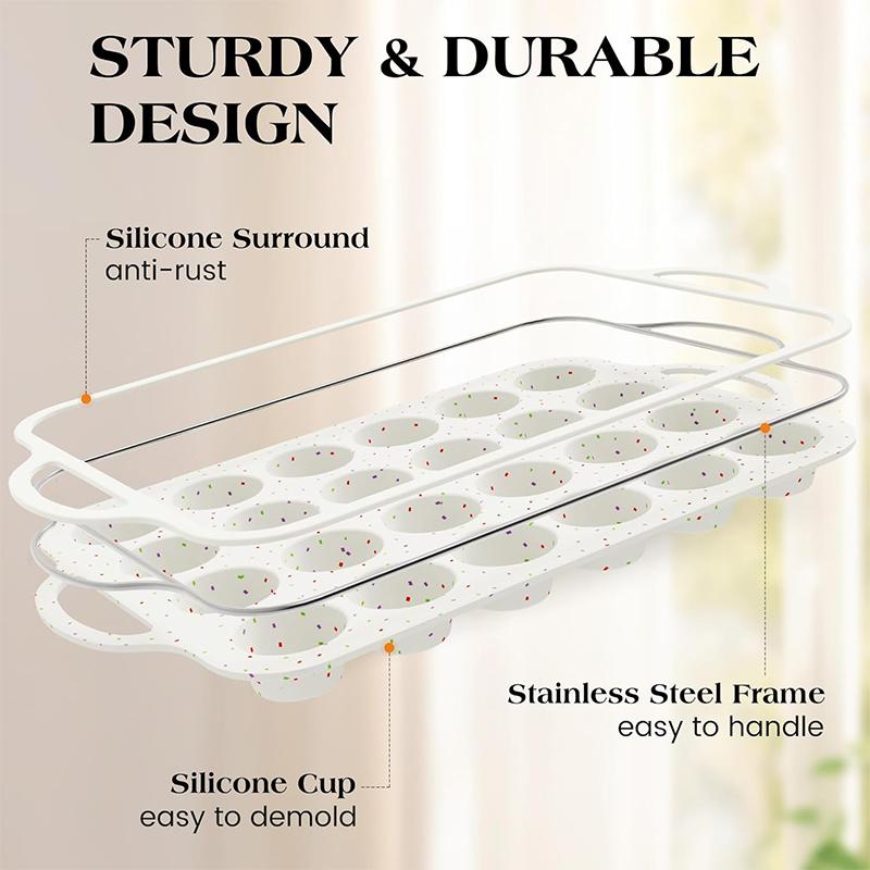 24-Cup Nonstick Mini Muffin Pan, Silicone Mold with Metal Reinforced Frame for Easy Release, Dishwasher Safe Baking Tray