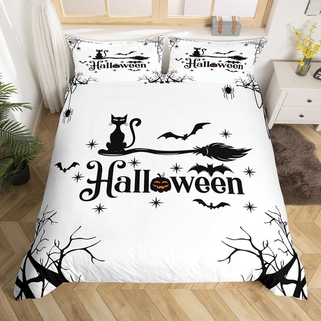 Pink Ghosts Duvet Cover Set Single Size Halloween Theme Bedding Set 2/3pcs Kids Girl Room Decor Gothic Skull Spider Bat Pumpkin