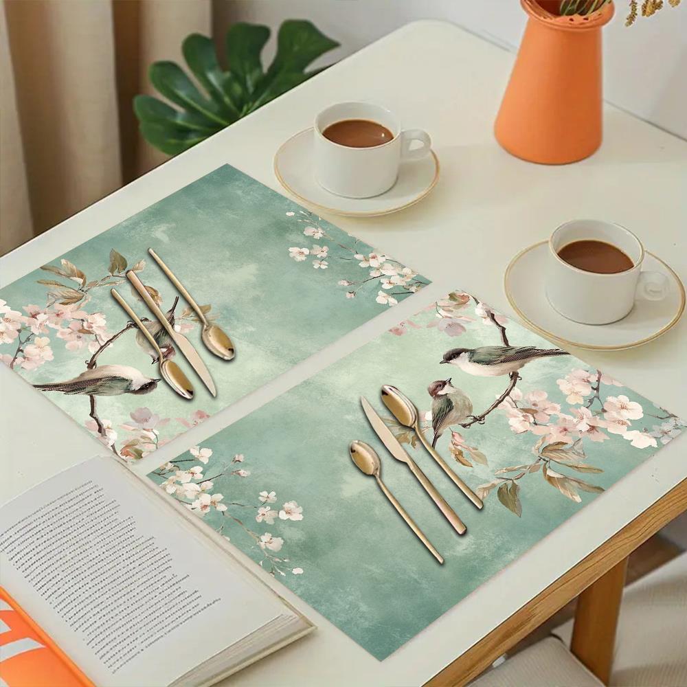 4pcs Vintage Floral Bird Placemats - Elegant Teal & Pink Table Mats, 12x18 Inch Rectangular Dining Decor for Christmas, Thanksgiving, Halloween