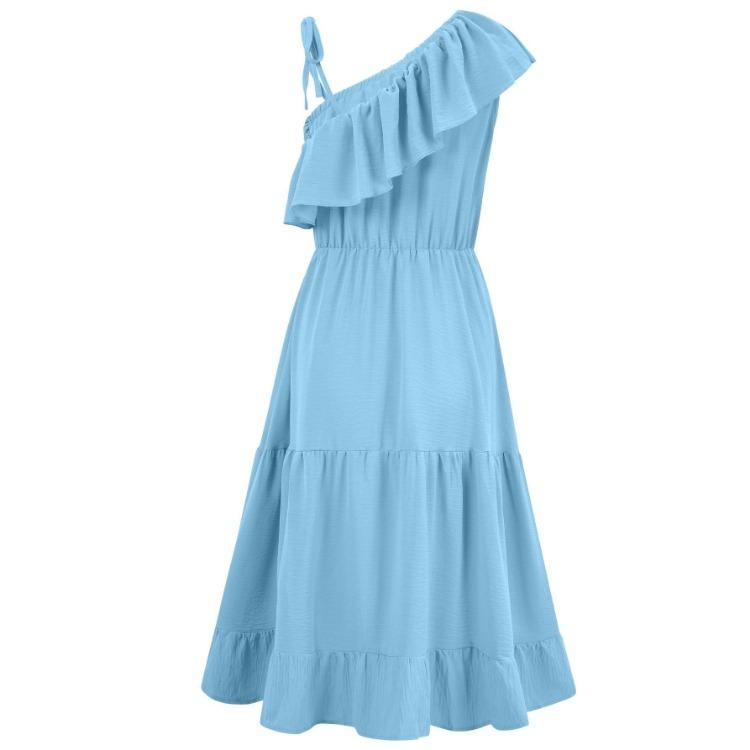 Casual Summer Dress Women Solid Color High Waist Sleeveless A-Line Ruffled Strap Slanted Shoulder Middle Long Dresses Spring S-XL Fashion Trendy