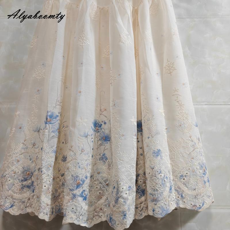 Spring Summer Women Maxi Long Skirt High Waist Delicate Floral Embroidery Classical Skirt Vintage Elegant Hollow Out Apricot A-Line Skirt