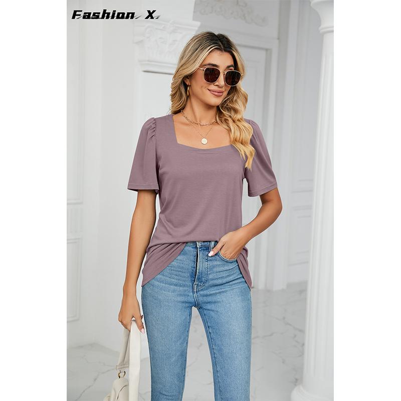 Printemps et Été Nouveau T-shirt ample à manches courtes et col carré de couleur unie Tops tricotés Femme