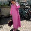 LYRIA Casual Loose Pink Cotton Dress Ladies Fashion Lapel Long Sleeve Ankle Length Dress Elegant Lace-Up Dresses For Women
