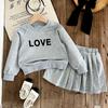 Gray Spring Girls' Casual Set: Letter Hoodie & Pleated Skirt