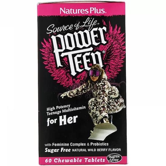 Nature's Plus- Source of Life, Power Teen, For Her, Natural Wild Berry Flavor, 60 Chewable Tablets