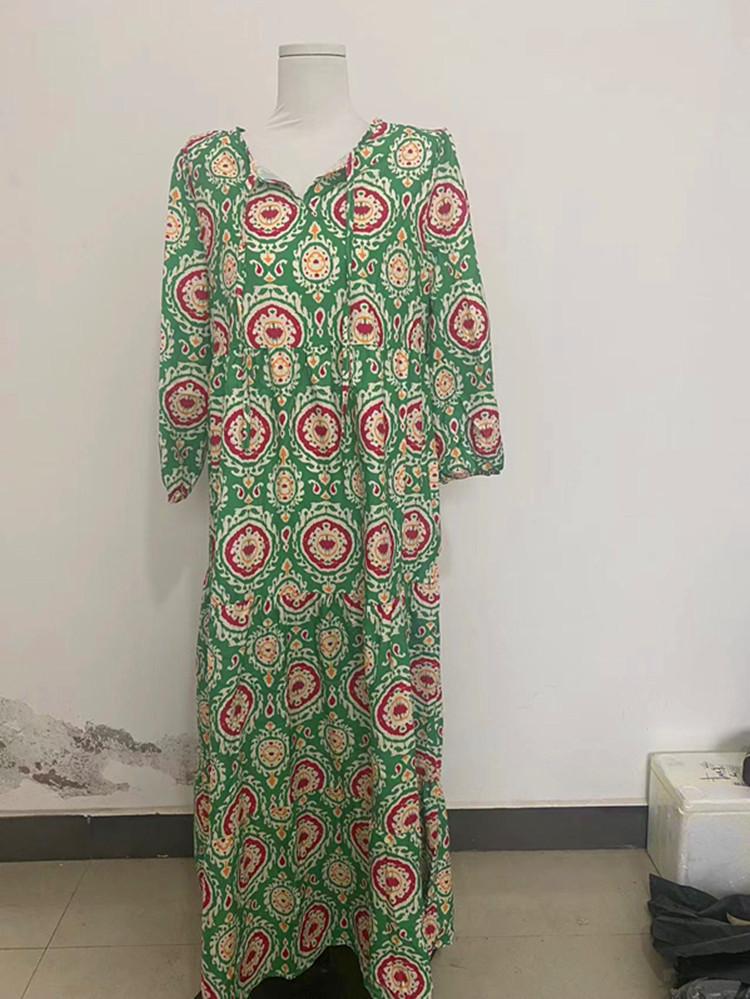 2023 Autumn New Independent Station Hot-selling Geometric Printing Bubble Sleeve Dress Street Fried Street Large Size Women's Clothing