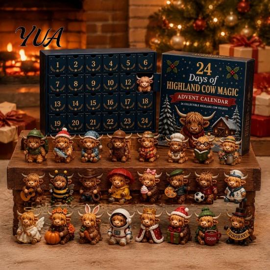 Country House Seasonal Decoration 24 Days of Highland Cow Magic Advent Calendar, Unique Mini Tiered Tray Christmas Decor Figures, Farmhouse