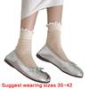 Elegant Hollow Out Breathable Mesh Middle Calf Socks Seamless Cotton Solid Color Ruffle Turn Cuff Crew Socks for Women