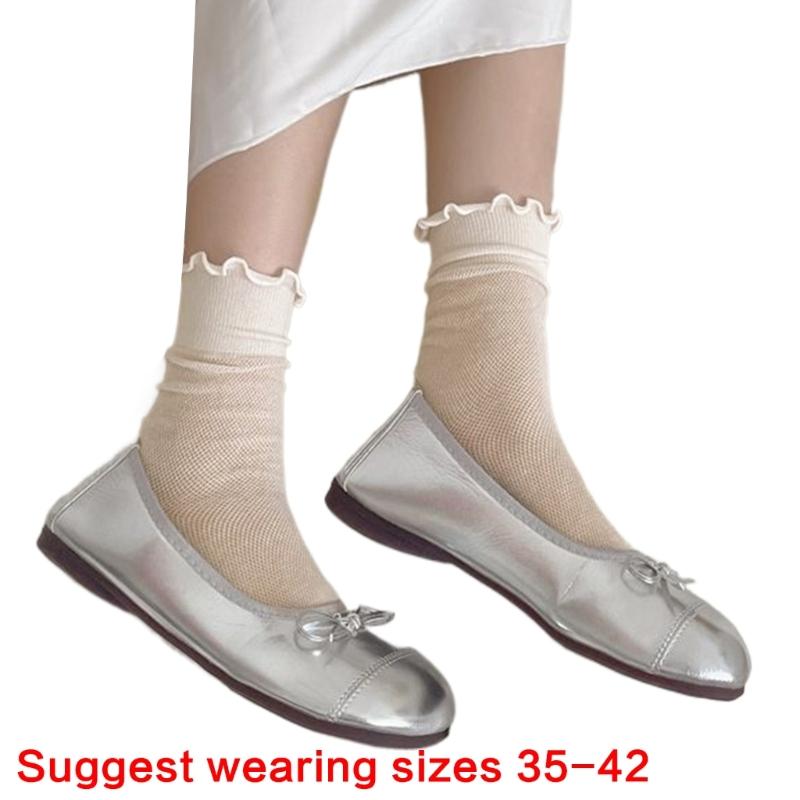 Elegant Hollow Out Breathable Mesh Middle Calf Socks Seamless Cotton Solid Color Ruffle Turn Cuff Crew Socks for Women