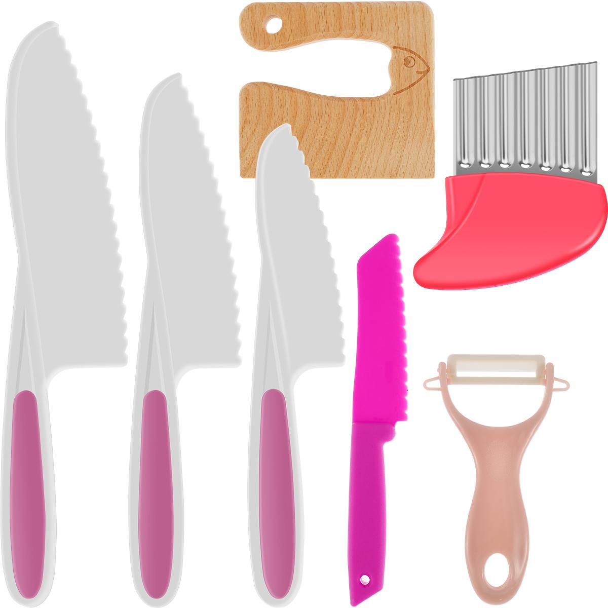 

Kids Cooking Cutter Set Safe Reusable Plastic Toddler Knife Potato Crinkle Cutter Peeler Children DIY Kitchen Accessories 2025 розовый