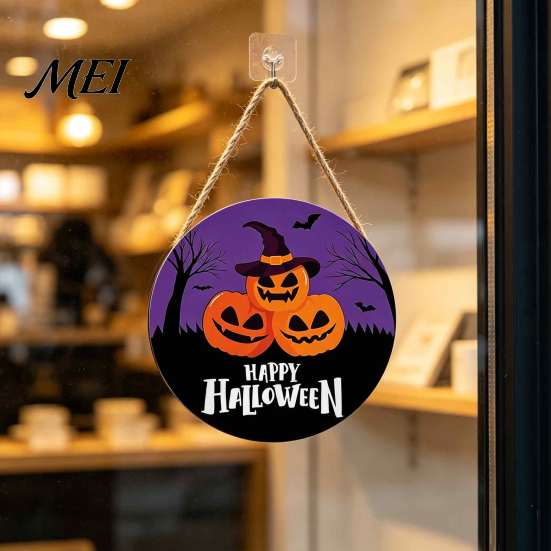 Decorative Round Hanging Sign Halloween Wall Pendant, with Pumpkin And Witch Silhouette, Wooden Retro Style Seasonal Door Ornament Sign, for