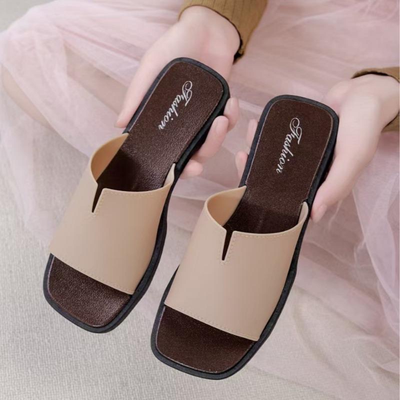 Summer temperament cool slippers women's new square-headed open-toed simple flat-bottomed casual one-word slippers