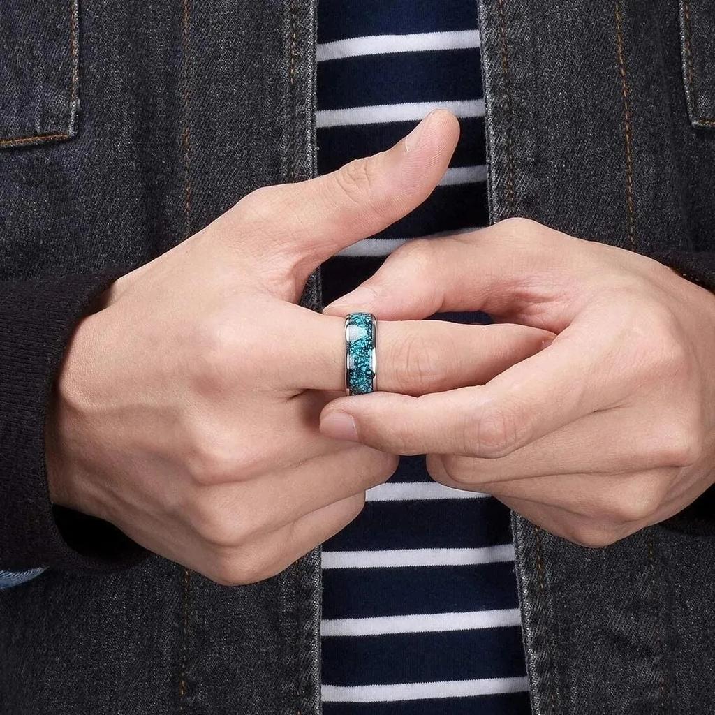 Fashion 8mm Men Stainless Steel Rings Inlay Blue Faux turquoise Stone Rings For Men Women Wedding Engagement Band Jewelry Gift