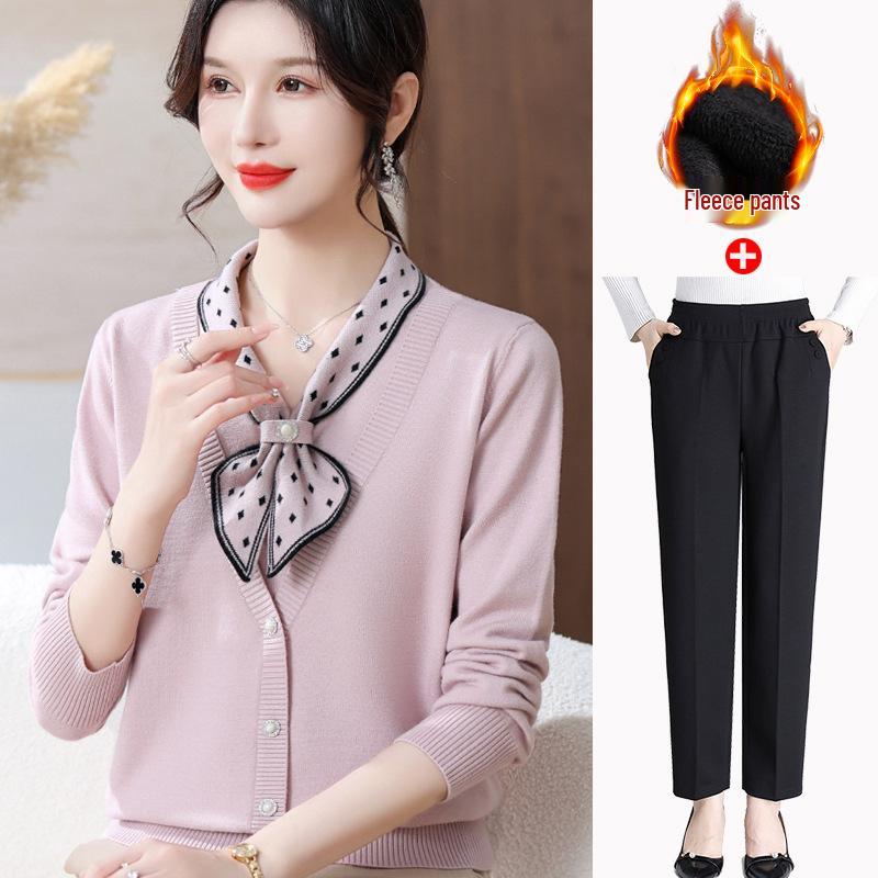 2025 Elegant Plus Velvet Knit Sweater for Middle-Aged & Elderly Women - Thickened, Stylish Autumn/Winter Base Layer Top