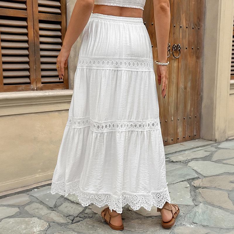 2025 Summer Lace Trim Patchwork Maxi Skirt - European Holiday Style
