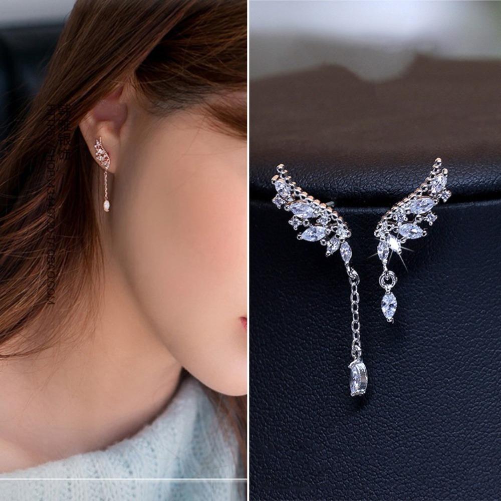 

Earrings Women Long Silver Plated Angel Wing Asymmetric Fringe Dangle Earrings Fashion Elegant Jewelry