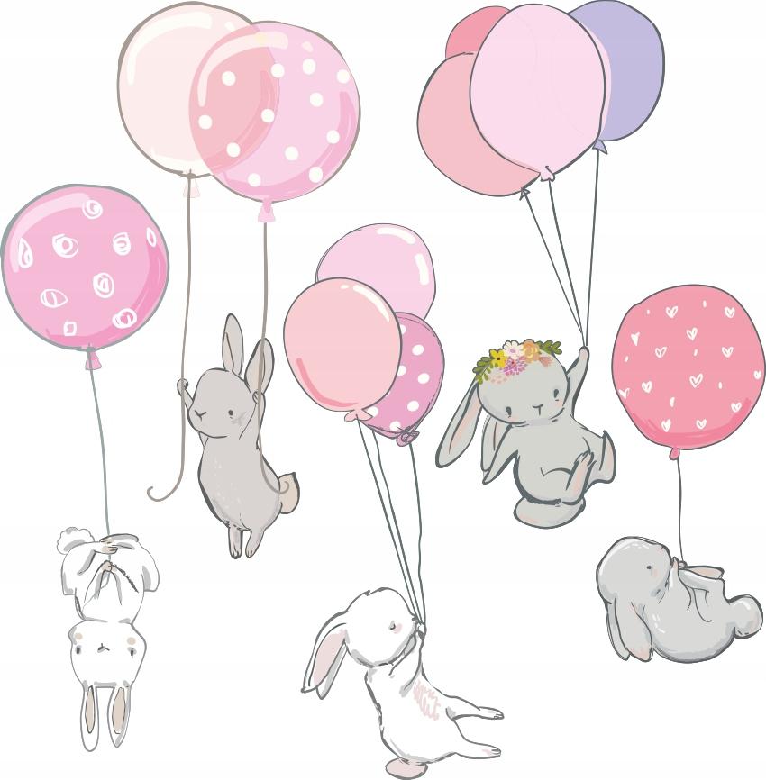 Decorative Sticker For Kids - Rabbits With Balloons Pink