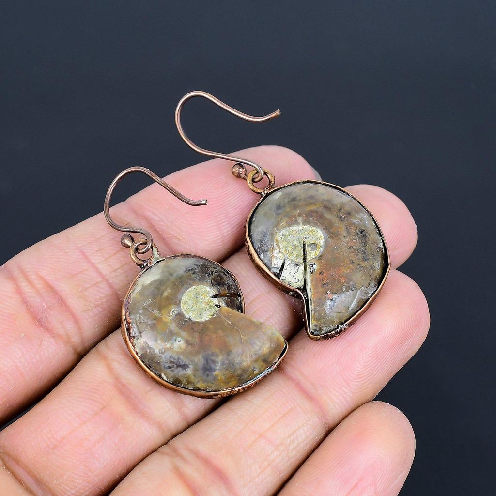 Ammonite Fossil Earrings Gemstone Jewelry, Copper Electroformed Earrings, Gift For Women Handmade Earrings