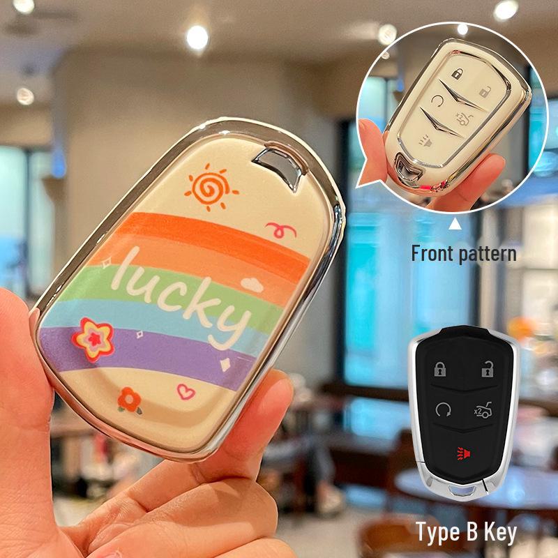 Cadillac CT5 Rainbow Cartoon Pattern Key Cover: Full Package TPU Protective Shell for XT5/XT4/XT6 Model.