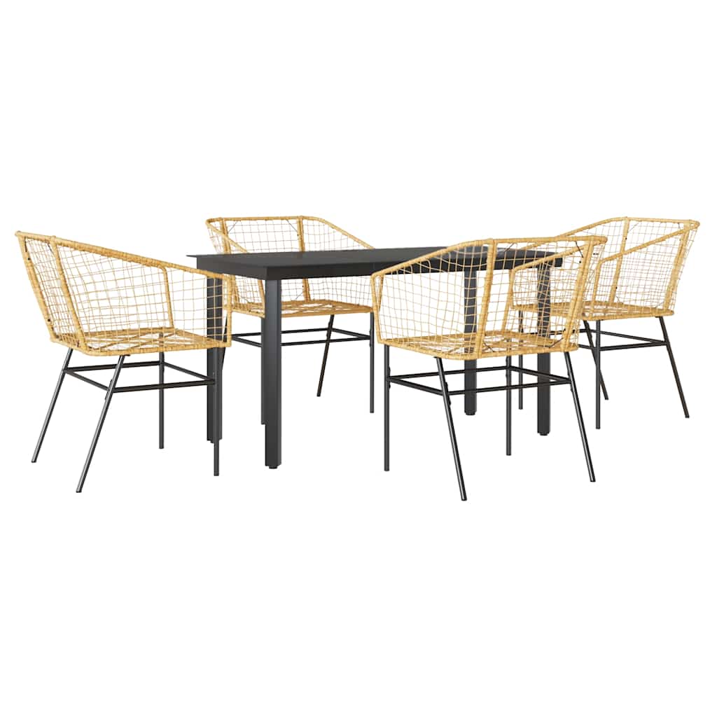 5 Piece Outdoor Dining Set Brown Poly Rattan Table with Glass Top