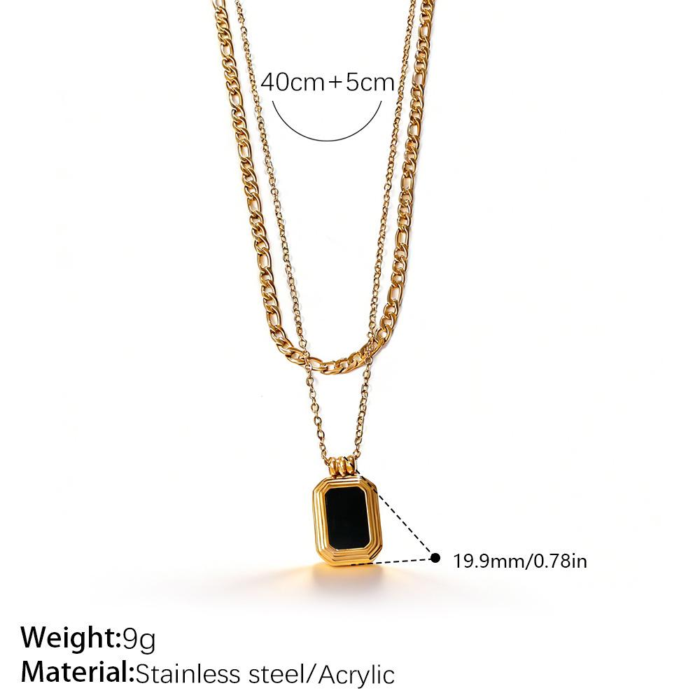 Vintage Stacked Wind Double-Layer Oval Black Agate Pendant Necklace Gold-Plated Square Black Zirconium Collarbone Chain
