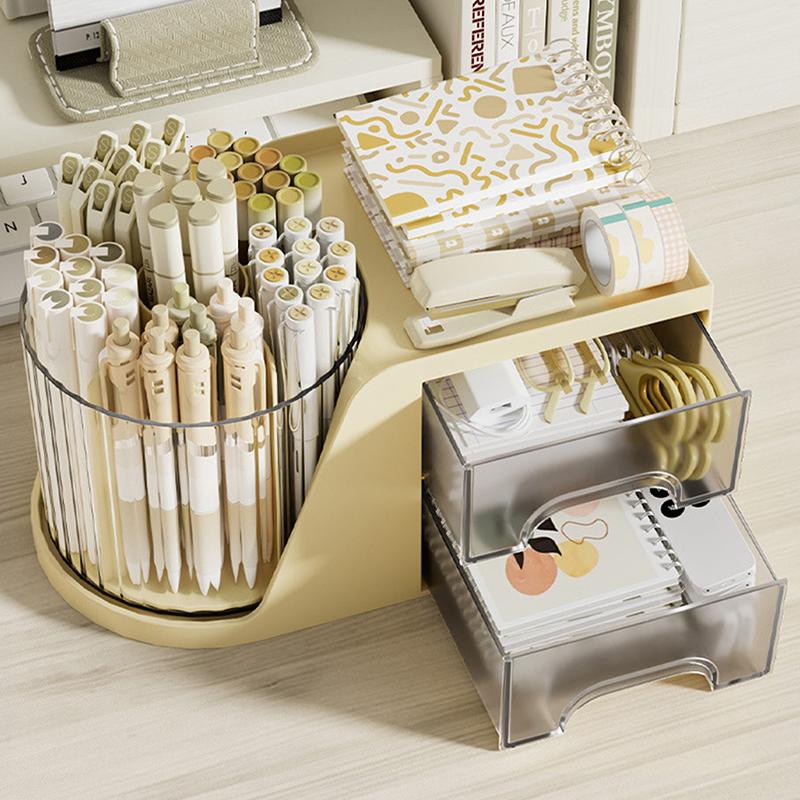 Desk Organizer Box Pen Holder Cosmetic Makeup Brush Storage With Drawer 360Degree Rotating Versatile Stationery For Office Home Table