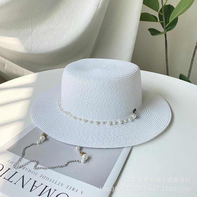 French Vintage Pearl Chain Straw Boater Hat Women Summer Wide Brim UV Protection Elegant Sun Visor Adjustable