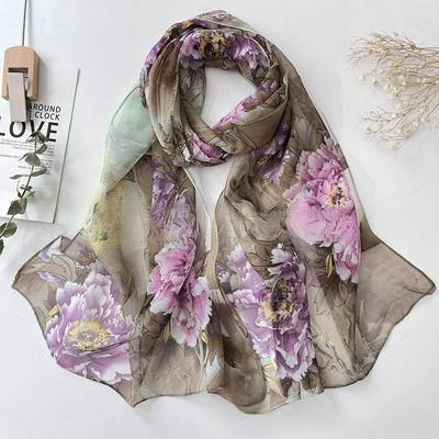 Summer Korean Version of The Season Silk Scarf Sunscreen Scarf Rich Peony Ladies Chiffon Long Silk Scarf Gauze Scarf