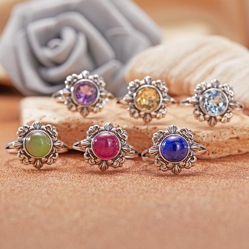Vintage Hollow Pattern Thai Silver Ring Women'S S925 Sterling Silver Inlaid With Natural Jasper Topaz Gemstone Index Finger Ring
