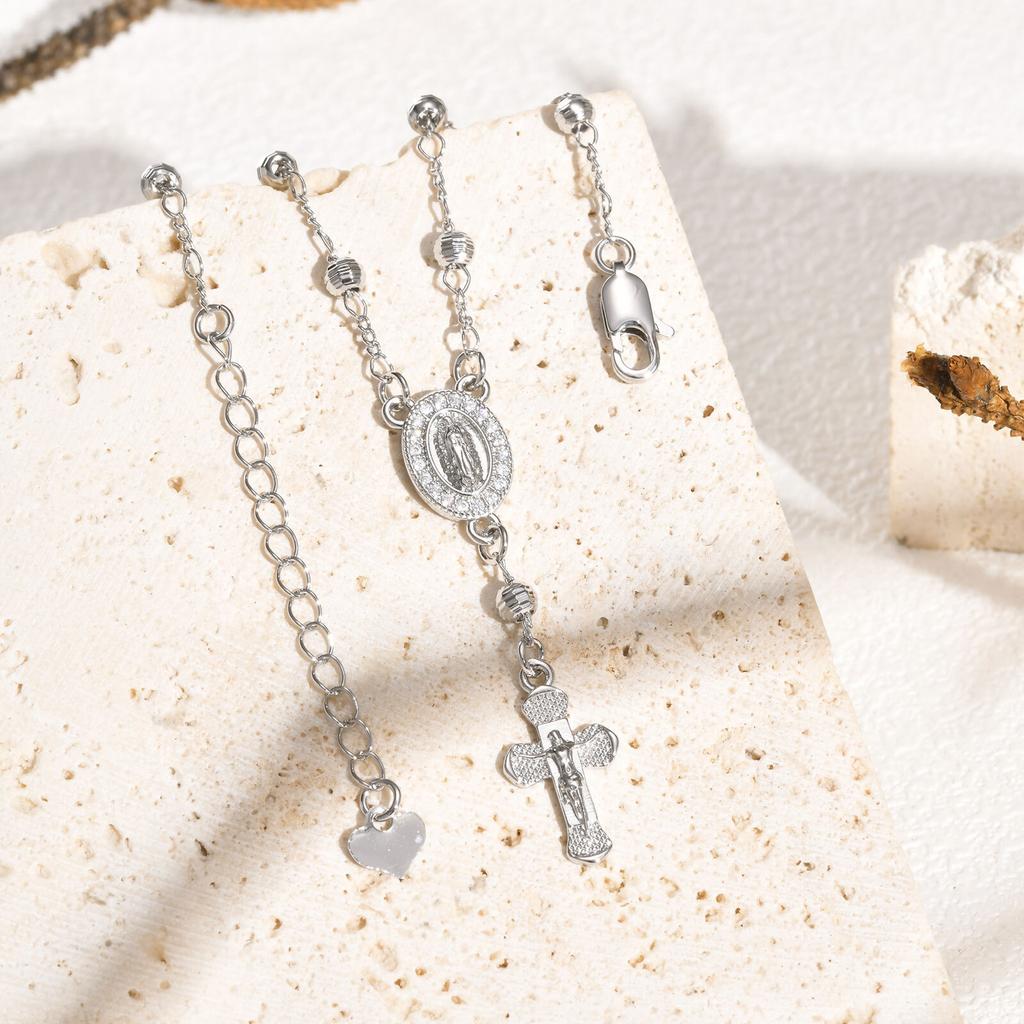 Vnox Virgin Mary Bracelets For Women,White Gold Plated Jesus Christ Charm Cross Pendant Bracelet, Religon Faith Church Jewelry