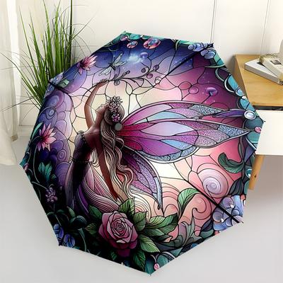 1pc Stained Glass Fairy Design Automatic Folding Umbrella - Portable Tri-Fold Design with Iron Frame - Outdoor - Ideal Gift for Fans, Travelers, Daily