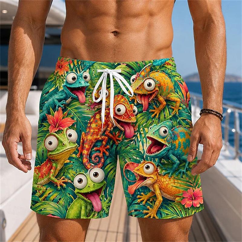 Men Quick‑Dry Board Shorts Funny Cartoon Jungle Animal Print Tropical Floral Pattern Elastic Waist Summer Beach Swim Trunks
