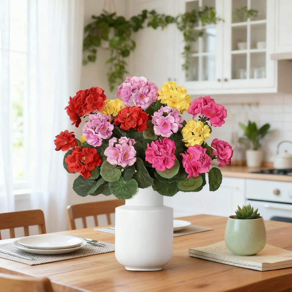 3/4ks Umělé Pelargonie Různých Barev - Venkovní Umělé Květiny pro Svatební, Zahrádkovou, Terasovou, Verandovou Dekoraci