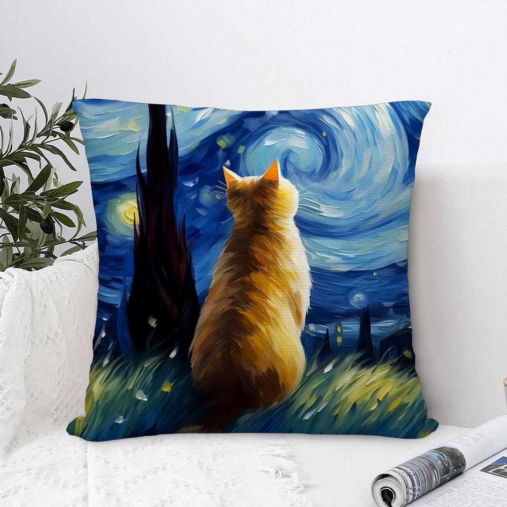 Van Gogh Starry Sky Cat Pillow Case Sofa Decorative Home Double-sided Print Plush Square Throw Pillow Covers Cushion Decor Cover