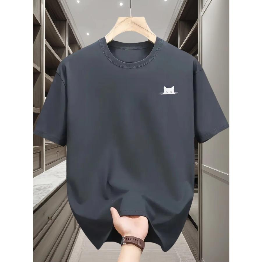 Cotton T-shirt 2026 Summer New Style Men's Pure Cotton T-shirt Street Casual Fashion Comfortable Soft Breathable Simple Cat Pattern Print