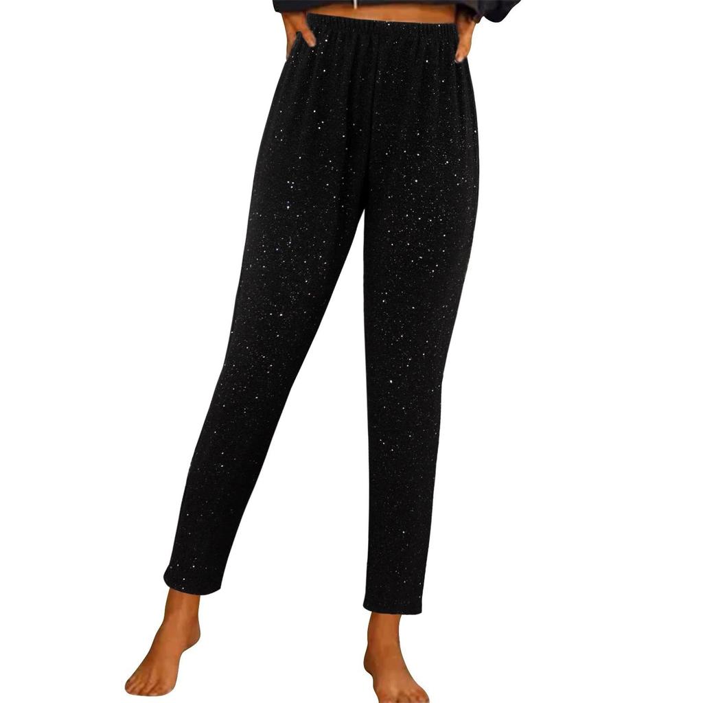 Leggings élégants taille haute pour femmes, pantalons extensibles à paillettes lourdes et décontractés