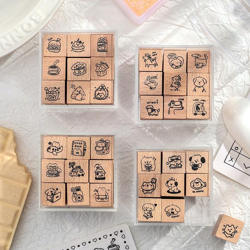 9 Pcs Wooden Journal Stamps Set, Cartoon Character Seals, Adorable Scrapbooking Supplies