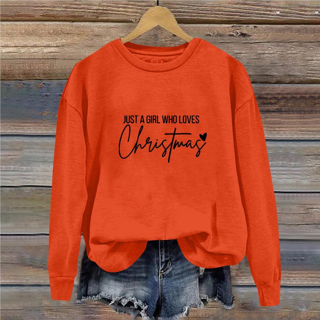 Women's Casual Loose Solid Color Christmas Letter Printed Round Neck Long Sleeved Sweatshirt
