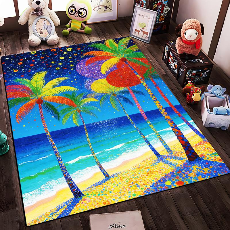 Colorful Beach Scene Carpet with Palm Trees and Starry Sky Design Suitable for use as an anti-slip for living room bedroom sofas