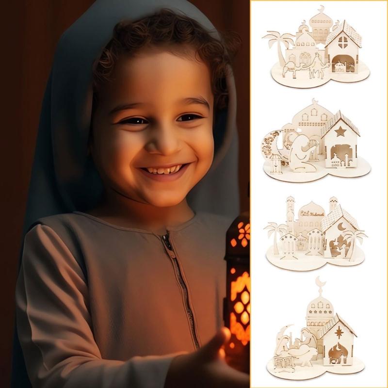EID Puzzle Ornament DIY Castles Wood Decoration EID Craft Home Tabletop Ornament Middle East Festival Celebration Party