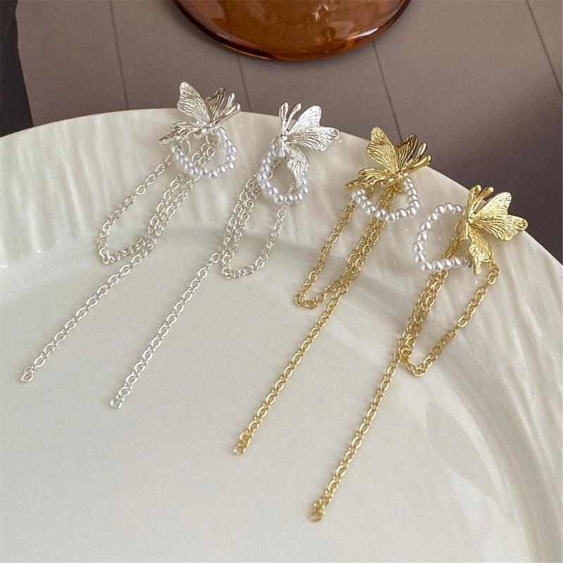 Elegant Butterfly Jewel Drop Earrings With Silver Posts Alloy Lightweight Design For Sensitive Ears