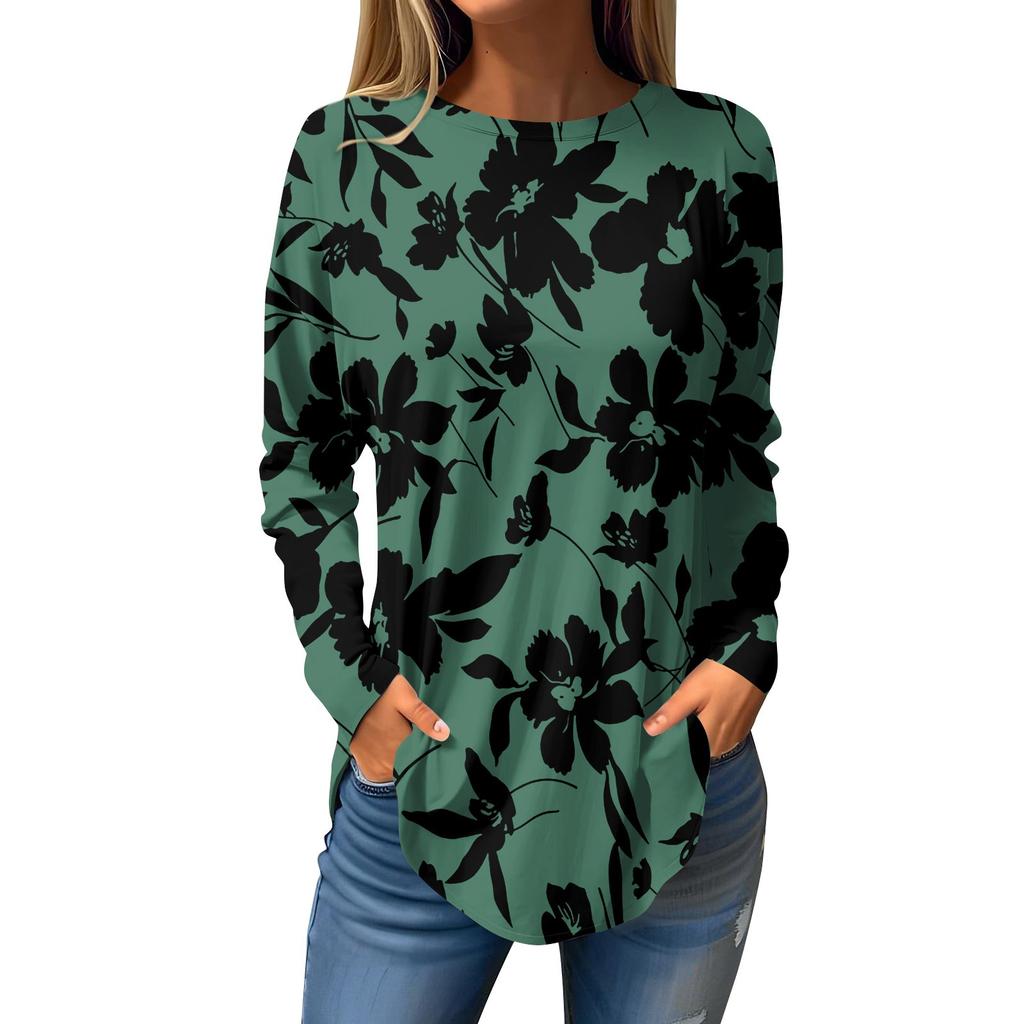 Women's Loose Casual Flower Printed Round Neck Long Sleeved T Shirt Top Pullover Long Sleeved Sweatshirt